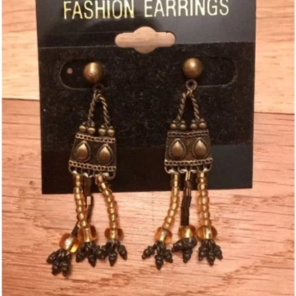NWT Mixed Metal Costume Brown and Gold Beaded Earrings - Picture 1 of 4